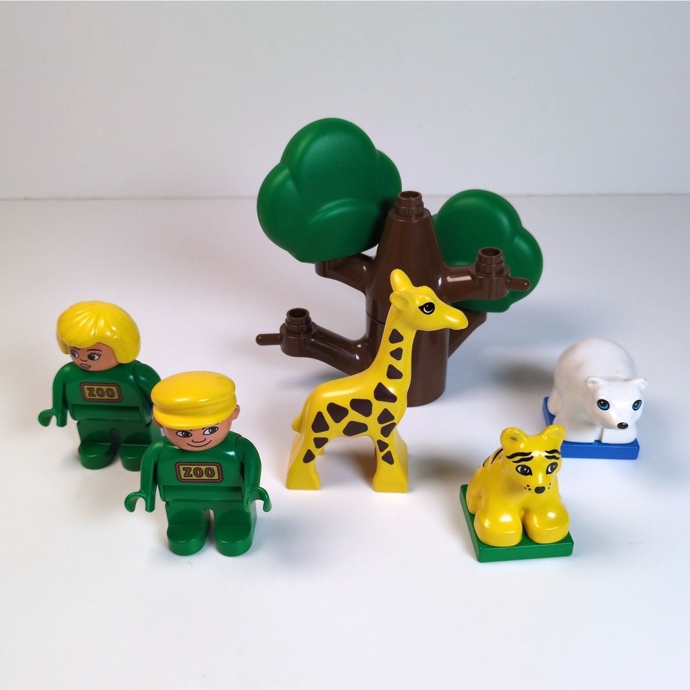 Vtg LEGO Duplo Zoo Figures Lot - Keeper Tiger Giraffe Tree Parts Pieces